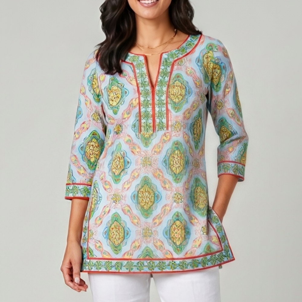 Gretchen Scott Split Neck Tunic Top The Persian Periwinkle XS Blue Orange Cotton